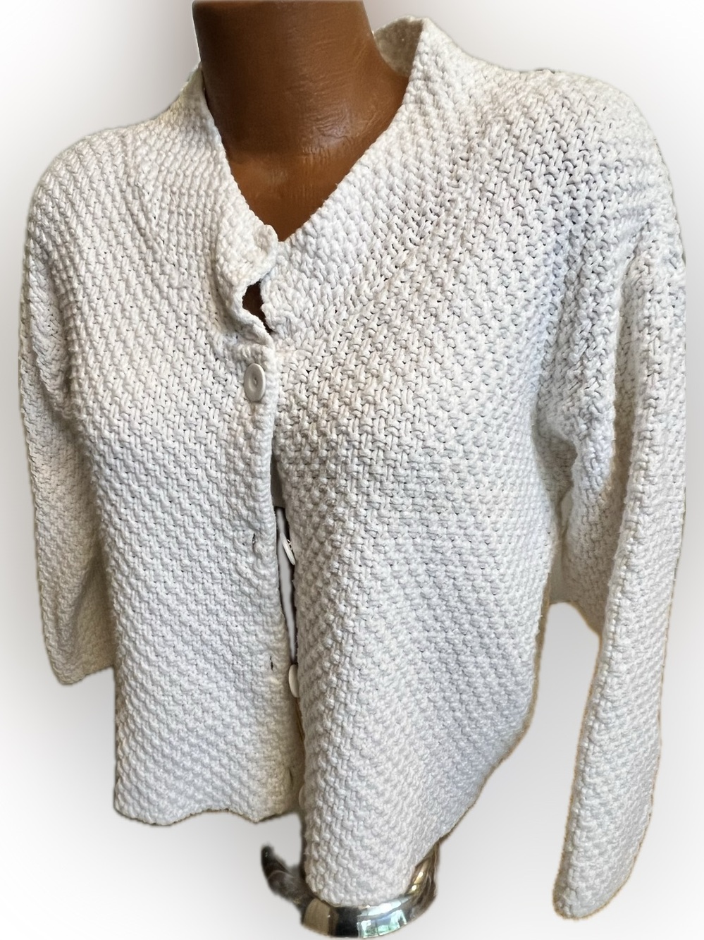 Liv chunky white vintage cardigan front button sweater Retro S crosshatch knit